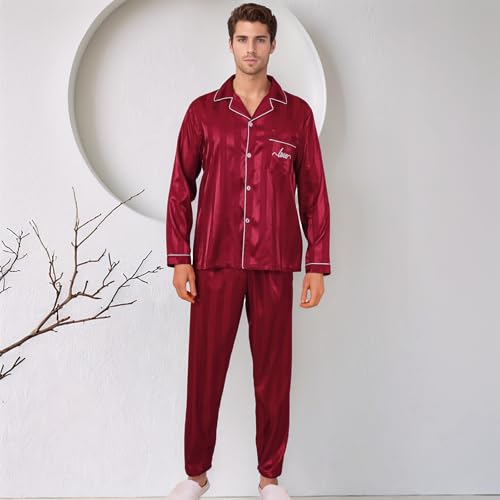 ShuiGod-Mens Silky Satin Pajamas Set Long Sleeve Top and Long pants Nightwear Button-Down Pj Sets Sleepwear3