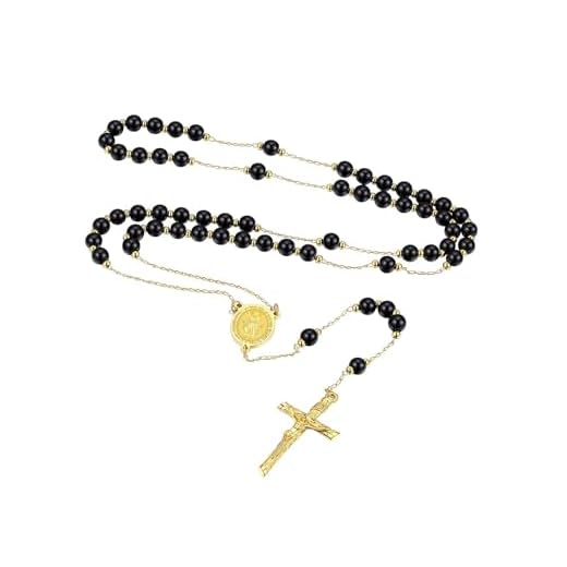 FaithHeart Colar católico com contas de terço para homens, São Miguel/São Cristóvão/Virgem Maria, rosários de oração com crucifixo, cruz de aço inoxidável, rosário de oração, Pérola preta, Sem Pedra