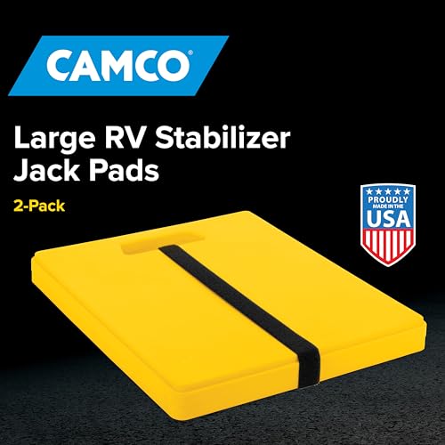 Image of Camco Camper /RV Large Stabilizer Jack Pads - Features Interlocking Design & Handy Strap for RV Storage - Built-in Handle - Use with RV Leveling System, RV Levels & More - 14 inch x 12 inch, 2-Pk (44541)
