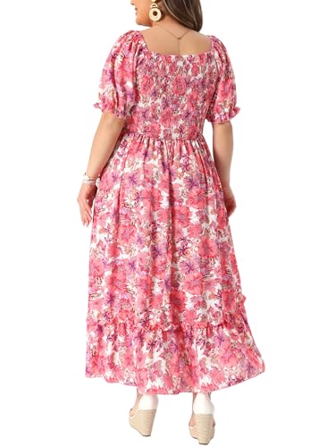 Image of Agnes Orinda Plus Size Dress for Women Short Sleeve Shirred Square Neck Floral Maxi Long Dresses
