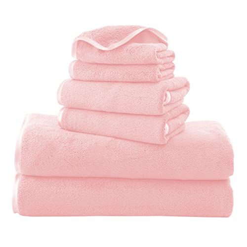 Tenstars Luxury Silk Hemming Towel Set - Light Thin Quick Drying - 2 Bath Towels 2 Hand Towels 2 Washcloths - Ultra Soft Microfiber Towel For Bath Fitness, Sports, Yoga, Travel (Pink 6 Pieces) #TOP22