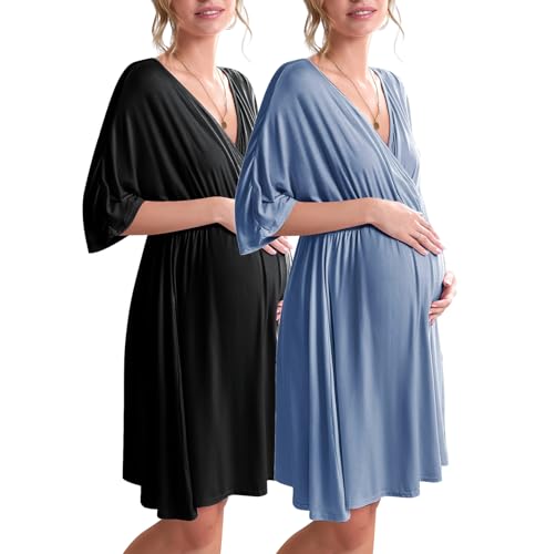 Image of Ekouaer 3 in 1 Labor/Delivery/Hospital Gown 2 Pack Maternity Dress Nursing Nightgown Sleepwear