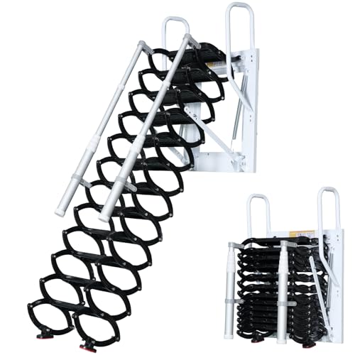 Escalera de ático de Pared, 12 Peldaños Escaleras Telescópicas desván, Escaleras Metálicas Plegables para áticos con Peldaños Telescópicos, para áticos, garajes y techos (Black, 12 Peldaños)