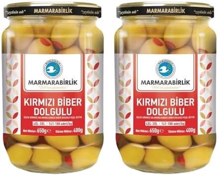MarmaraBirlik Yeşil Kırmızı Biber Dolgulu Zeytin, 4XL-3XL, 400g Cam Kavanoz, 2 Adet - Görsel 1
