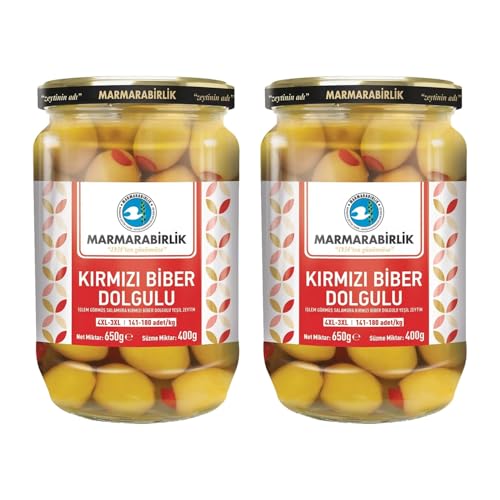 MarmaraBirlik Yeşil Kırmızı Biber Dolgulu Zeytin, 4XL-3XL, 400g Cam Kavanoz, 2 Adet