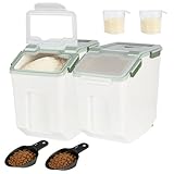 Uotyle Green 25kg Airtight Flour Storage Container with Measuring Cups, Hooks, Scoops, Rice Organizer Box, Large Plastic Food Bin with Lid for Dog, Cat Food, Flour, Rice, Cereal, Nuts(2 Pcs)