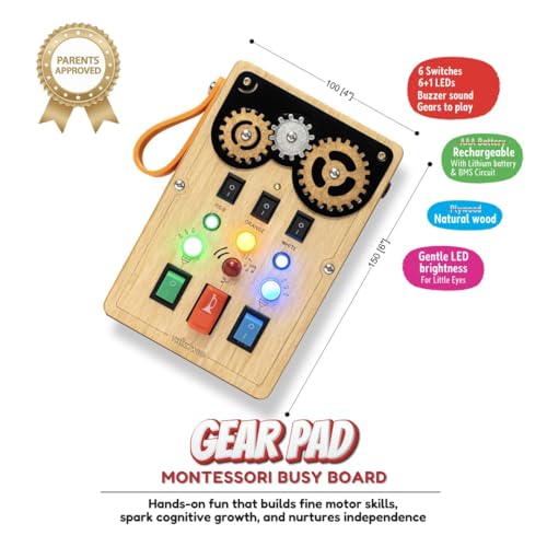 Image of Gear-Pad (Non-Motorised) Rechargable | Montessori Busy Board by Thinkwud, BIS Certified, Wooden Toy for Toddlers Kids 1-6Years, Fine Motor Skill Development, Screen-Free Activity Board, Birthday Gift