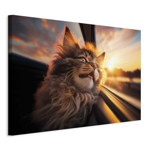 artgeist Acoustic Canvas Wall AI Art Print Cat 35x24 in - 1pcs Picture with Acoustic Foam Sound Print Artwork Room Acoustics Soundproofing Cats Sunset Car g-H-10043-b-a