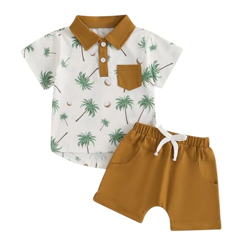 ESSECMBS 2 Pz Completi e Coordinati Bambino Estivo Abbigliamento Ragazzi Stampa Tops T-Shirt Camicetta Manica Corta Camicia + Pantaloncini Elastici in Vita Casual Spiaggia (M-Marrone, 2-3 Years)