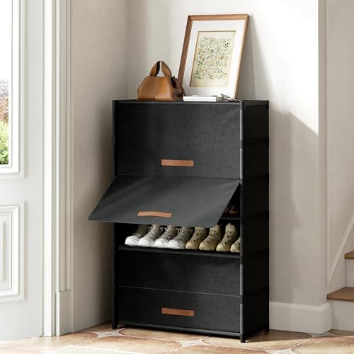 Shoe Rack, 7 Tier Shoe Storage Cabinet with Door 28 Pair Plastic Shoe Shelves Organizer for Closet, Entryway, Hallway, Bedroom, Black - Image 6