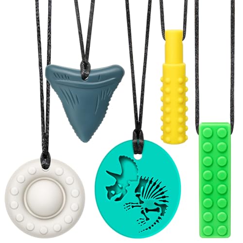 CLDY Collar sensorial masticable para autismo y TDAH, paquete de 5 juguetes masticables de silicona de grado alimenticio para niños, mordedor motor oral sin BPA para niños y niñas, seguro para las