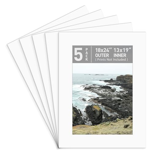 Golden State Art, Pack of 5, Pre-Cut 18x24 Picture Mats Bevel Edge 12.5x18.5 Opening for 13x19 Photos, White