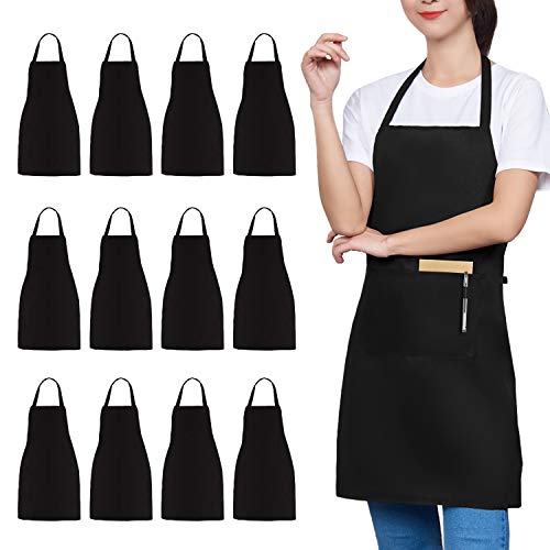 Trendbox 12 Pack Bib Aprons Bulk Unisex Black Apron With 2 Front Pockets 32-Inch By 28-Inch With Extra Long Ties For Kitchen Crafting Bbq Drawing #TOP9
