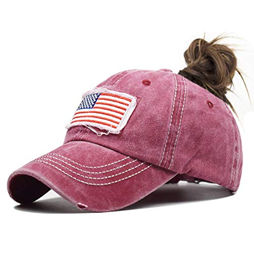 Distressed Ponytail Hat for Women AmericanFlag Pony Tail Caps High Bun