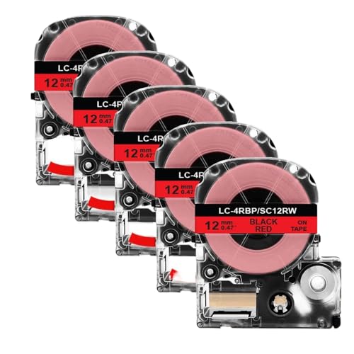 12mm���x���e�[�v5-10-20PK SS12KW LK-4WBN ST12KW SC12YW�ƌ݊����̂���LW-300 LW-400 700���x���v�����^�[(5PK Black on Red)