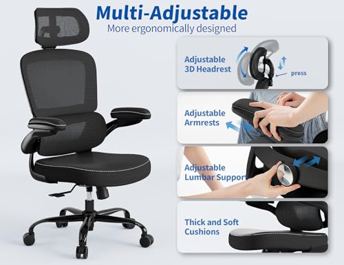 TRALT Ergonomic Office Chair - Desk Chair with Mesh PU Leather Gaming Chair - Computer Chair Comfy Adjustable Lumbar Support Executive Office Chair High Back for Adults Home Office (Black)