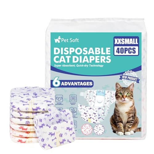 Image of Pet Soft Disposable Cat Diapers - Puppy Diapers for Female & Male Cats with Wetness Indicator, Super Absorbent, Fit for Pet in Heat or Incontinence, 40pcs (XXS, Mixed)