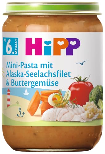 HiPP Mini-Pasta mit Alaska-Seelachsfilet und Buttergemüse, 6er Pack (6 x 190 g)