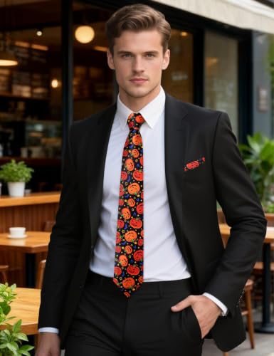 Image of Barry.Wang Men Tie Sets Skull Extra Long Necktie Pocket Square Cufflinks