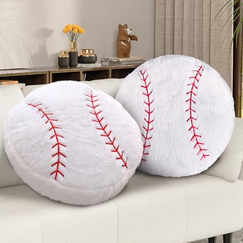 Image of FPYWO Baseball Pillow, 2 Pcs Baseball Plush Pillow, Soft Fluffy Stuffed Sports Throw Pillows, Home Decor Cushion, Round Baseball Pillows, Sports Gifts for Room Decoration 15.8"