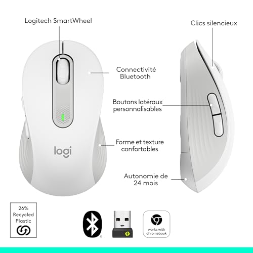 Logitech Signature M650 Souris sans fil - Pour Mains de Petites & Moyennes Tailles, Pile 2 ans, Clics Silencieux, Boutons de Côtés Programmables, Bluetooth, PC/Mac/Multi-Device/Chromebook - Blanc