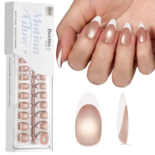 Image of Beetles French Tip Press On Nails 160Pcs Medium Almond Soft Nail Gel Tips | Gel Painted Cat Eye Brown Fake Nails, 16 Sizes for DIY Manicure Glassy Amber French