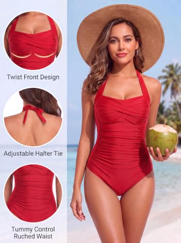 Image of Smismivo Tummy Control Swimwear Halter One Piece Slimming Vintage Retro Swimsuit Womens Ruched Push Up Bathing Suit