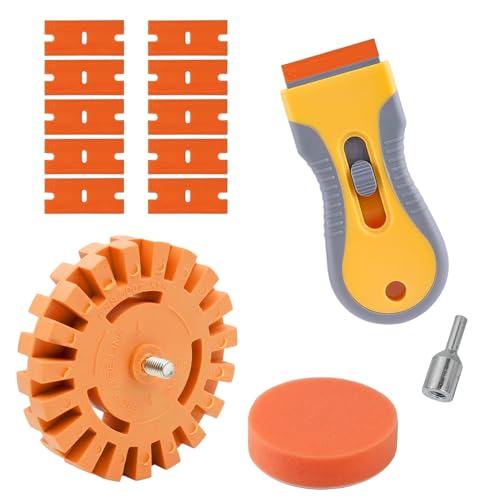 Decal Remover Eraser Wheel Kit Toffee Wheel for Drill Included Scraper Replacement Blades Flat Sponge Rubber Eraser Wheel for Removing Glue Sticker Adhesive