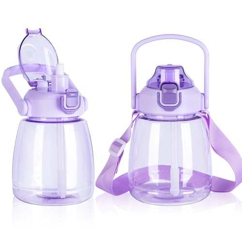 YOBOKO 1.1L große Wasserflasche Schöne breite Mund Trinkflasche mit Griff Lecksichere große Flasche mit Stroh und verstellbarem Riemen für Camping Radfahren Gym Sport (Purple)