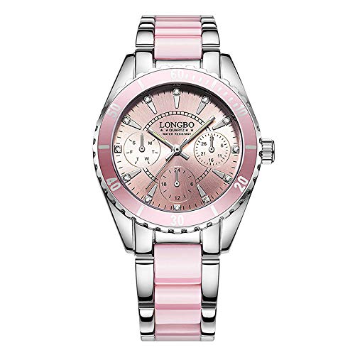 Preisvergleich Produktbild Damenuhren 3 kleine Zifferblätter Dekorative Chronograph Leuchtend Strass Quarz Armbanduhren für Damen Mädchen Metall Keramik Armband Elegant, Rosa
