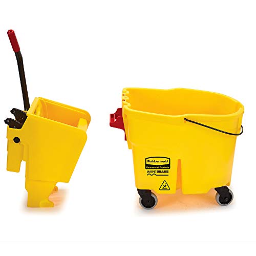 Image of Rubbermaid Commercial Products WaveBrake 44 QT Side-Press Mop Bucket and Wringer Combo on Wheels with Foot Drain Yellow for Heavy-Duty Floor Cleaning