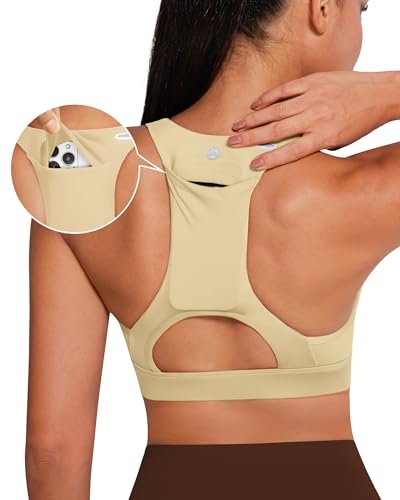 Image of QUEENIEKE BareFlow Women's Sports Bras with Phone Pocket Medium Impact Padded Racerback Workout Gym Crop Top Running Yoga Bra