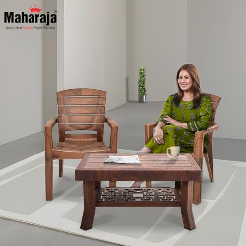 Image of MAHARAJA Premium Plastic Furniture Set | Comfortable Chairs with Matching Table | Perfect for Home, Office & Garden Use (Teakwood, 4 Chair+1 Table)
