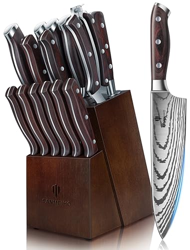 SANMEIHO Messerset 16 teilig Japanisches Küchenmesser Set mit Block Ultrascharfes Messerset für die Küche mit Block Professionelles Kochmesserset mit Messerschärfer