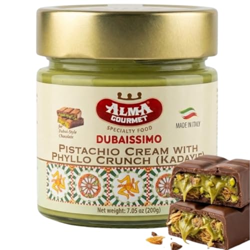 Alma Gourmet Dubaissimo Pistachio Cream with Kataifi 7.05oz (200g) - Original Dubai Chocolate Filling, Pistachio Paste to Spread, Authentic Premium Dessert with Kadayif Crunch, Sweet Snack - Product of Italy
