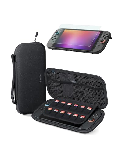 Image of Belkin Gaming Travel Bag Carrying Case (Charcoal) w /Hard Shell + Blue Light Filter TemperedGlass Screen Protector Bundle for Nintendo Switch 2 - Travel Essentials w /AirTag Holder, Game Storage, & More