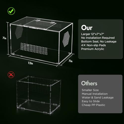 Image of Acrylic Reptile Terrarium, Pre-Assembled Tarantula Enclosure with All-Side Ventilation & Magnetic Door, Tank for Spider, Gecko, Mantis, Frog, Snail, Isopods, 12 inchx7 inchx7 inch (Tweezer & Hygrometer Included)
