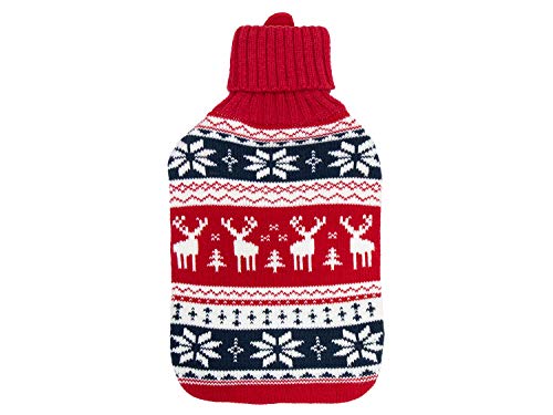 Wärmflasche mit bezug für kalte Füße Genick Rücken Lende Knie, Waermflasche mit Weichem - wärmflasche 2l mit Strickbezug Wärm Flaschen Wärmen Rentier (Rot mit Rentier) Cover