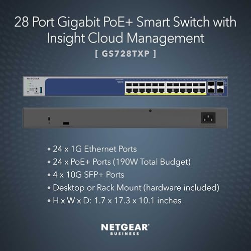 Image of NETGEAR 28-Port PoE Gigabit Ethernet Smart Switch (GS728TXP)- Managed, with 24 x PoE+ @ 190W, 4 x 10G SFP+, Optional Insight Cloud Management, Desktop or Rack Mount