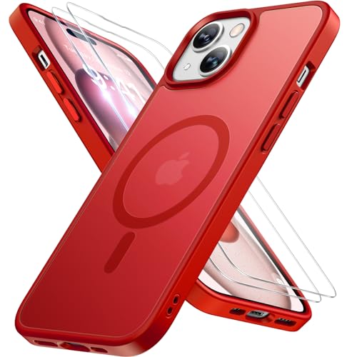Image of Miracase Magnetic for iPhone 15 Plus Case 6.7 inch (Compatible with MagSafe)(with 2X Screen Protectors) Military-Grade Protection, Anti-Fingerprint Translucent Matte Phone Cover, Red