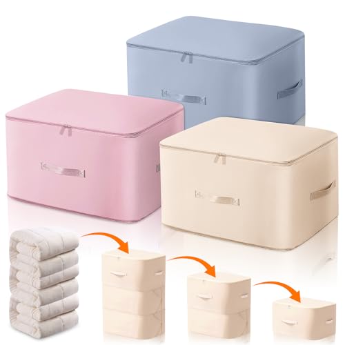 Lot de 3 Organisateur D'auto-compression Ultra Peu Encombrant, 52x42x60cm Sac de Compression Empilable, Grande Capacité À 3 Couches, pour Couettes et Vêtements, Sac de Compression Voyage 3 Couleurs