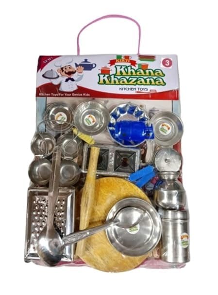 R Singh Khana khazana Steel Kitchen Set Big Size Pack of 1 Toys for Kids, Role Playing Kitchen Set of Stainless Steel with Wooden Chakla Belan. (B0DC21X9YZ) Amazon Price History, Amazon Price Tracker