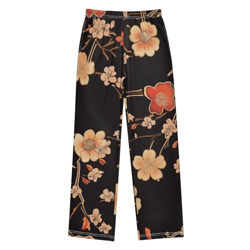 Winter Plum Tree Boys Long Pants Soft Trousers Elastic Waist Kids Lounge Bottoms with Pockets S-XL