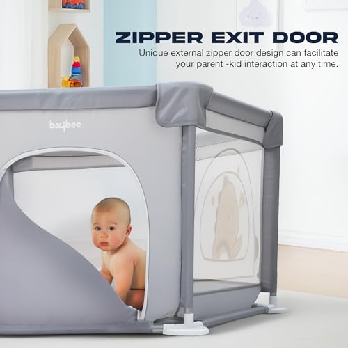 Image of Baybee Neo Kids Playpen for Babies | Baby Activity Playards with Zipper Lock & Corner Protection | Baby Play Area Indoor Setup with Hexagon shape for Extra Space | Outdoor Play Pen for Baby up to 5 Years (Grey)