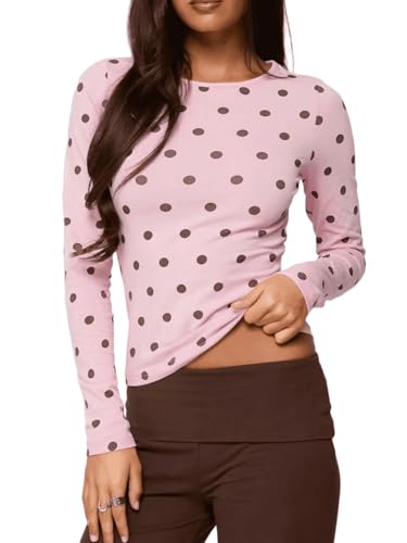 Seyumixi Polka Dot Tops for Women Y2K Long Sleeve Crop Top Vintage Cute Slim Fit Crew Neck Shirt Going Out Streetwear(Basic Pink,S)