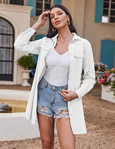 Hotouch Womens Button Down Shirt Casual Dress Long Sleeve Beach Shirts Tunic Blouse Top With Pockets (White, M) #TOP1