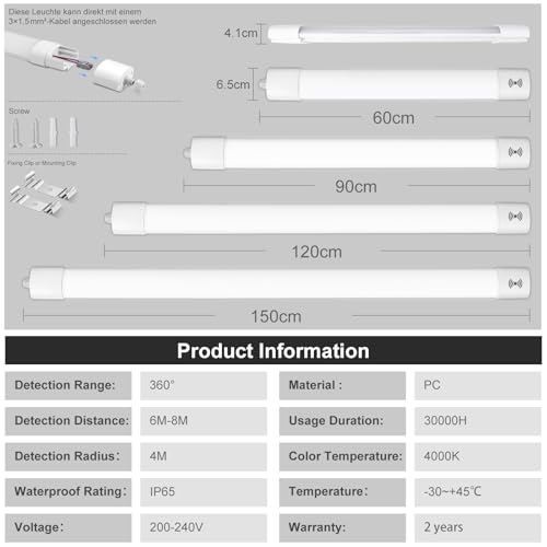 LEOEU LED Feuchtraumleuchte mit Bewegungsmelder 60cm, 20W 2200LM IP65 Kellerleuchte, Kellerlampe LED 4000K, LED Röhre mit Sensor für Garage Flur Keller Treppe Büro