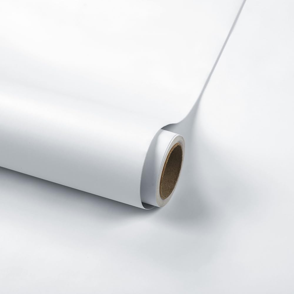 Douthfolle White Self Adhesive Wallpaper, 40 x 1000 cm Plain White Peel and Stick Wallpaper Skin-Friendly Sticky Wall Paper Self Adhesive Furniture Covering for Living Room,Bathroom,Cabinets,Kitchen