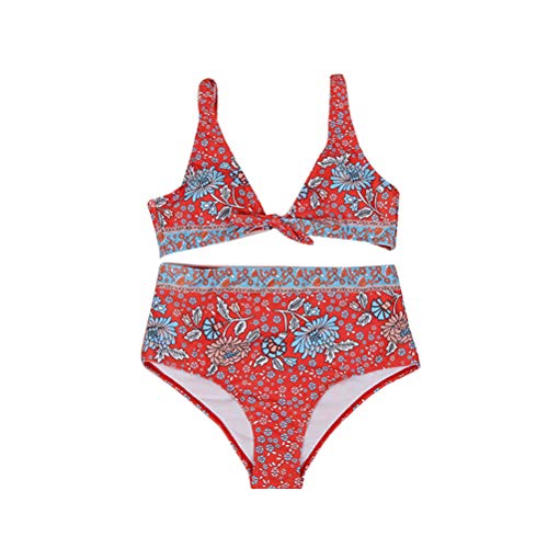 Biquíni floral com laço tipo push up, roupa de banho com estampa feminina, duas peças (vermelho/G)