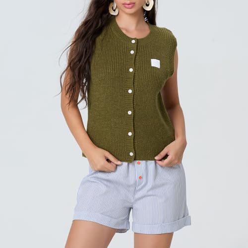 Image of Women Chunky Button Sweater Vest Sleeveless Round Neck Rib Knitted Tank Top Y2k Knitted Cardigan Vest Shirt